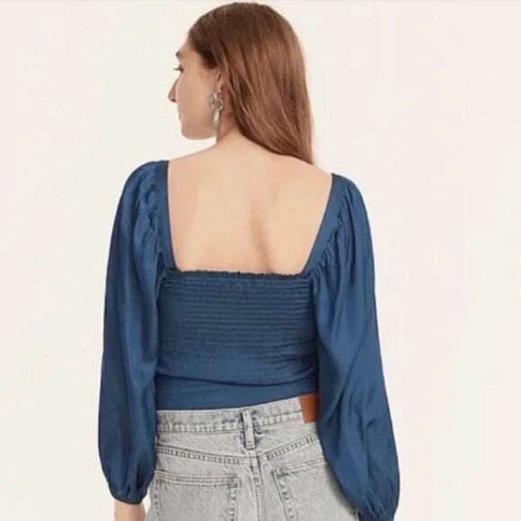 J.CREW | NWT Featherweight Smocked Square Neck Cropped Top Black Satin Size XS - Picture 10 of 13